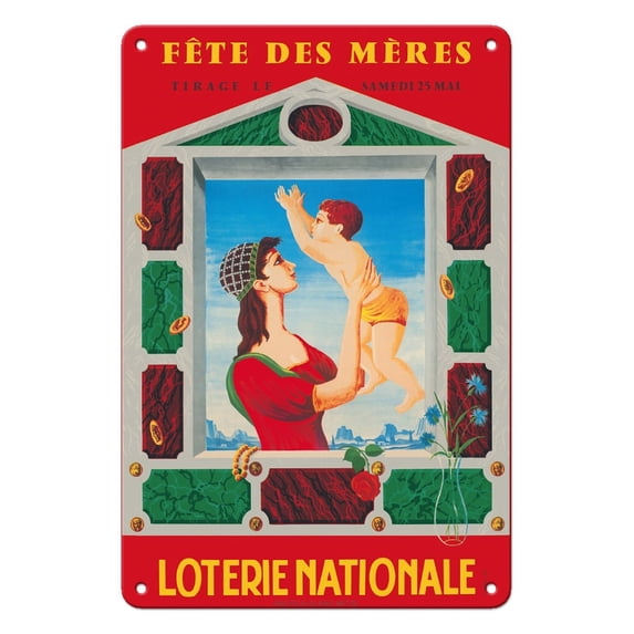 Mothers' Day - Drawn On Saturday May 25 - French National Lottery - Vintage Advertising Poster by F. Lesourt c.1963 - 8 x 12 inch Vintage Metal Tin Sign