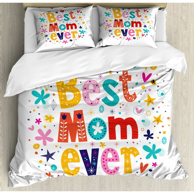 Mothers Day Duvet Cover Set Queen Size, Best Mom Ever Colorful Typography Words with Doodle Elements Hearts and Stars, Decorative 3 Piece Bedding Set with 2 Pillow Shams, Multicolor, by Ambesonne