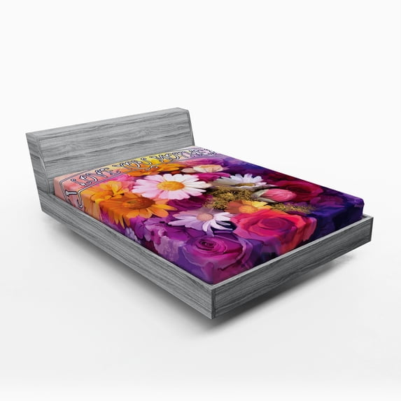 Ambesonne Mothers Day Fitted Sheet, Love Saying and Flowers, Full Size, Multicolor