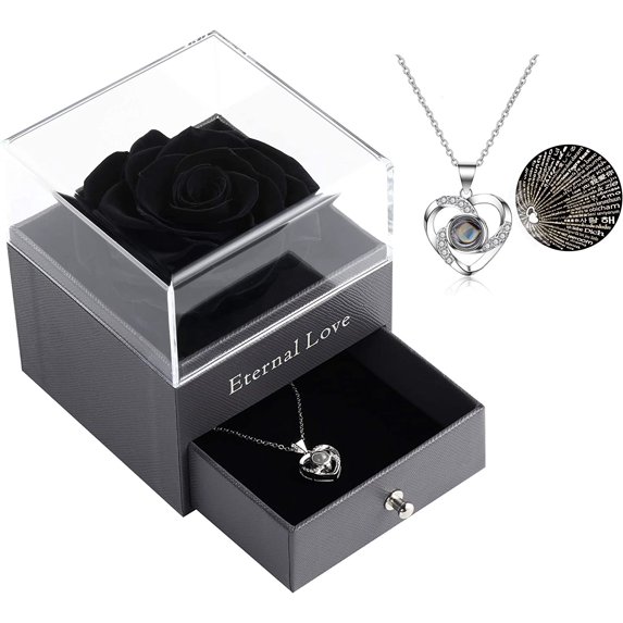 Mothers Day Flower Gifts for Her, Preserved Real Flower Rose with Silver-Tone Heart Necklace I Love You in 100 Languages Gift Set, Enchanted Flower Rose Gifts, Red