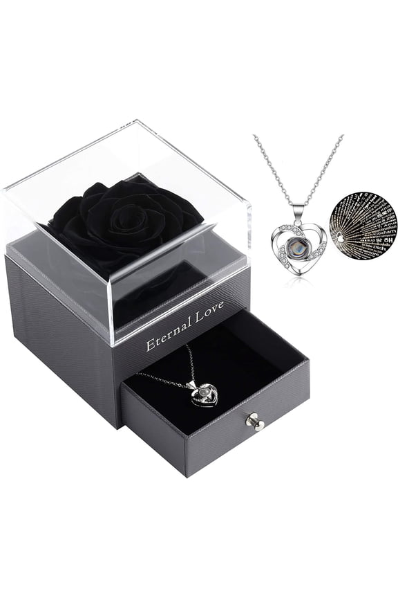 Mothers Day Flower Gifts for Her, Preserved Real Flower Rose with Silver-Tone Heart Necklace I Love You in 100 Languages Gift Set, Enchanted Flower Rose Gifts, Red