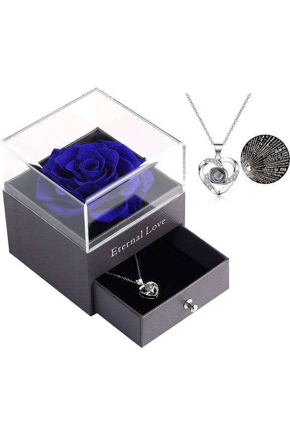 Mothers Day Flower Gifts for Her, Preserved Real Flower Rose with Silver-Tone Heart Necklace I Love You in 100 Languages Gift Set, Enchanted Flower Rose Gifts, Red