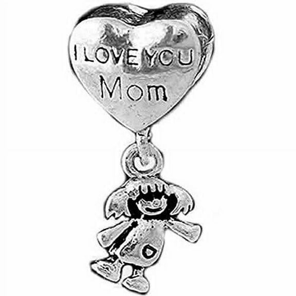 Mothers Day Gift I Love You Mom Heart with Little Girl Charms European Bead Compatible for Most European Snake Chain Bracelet