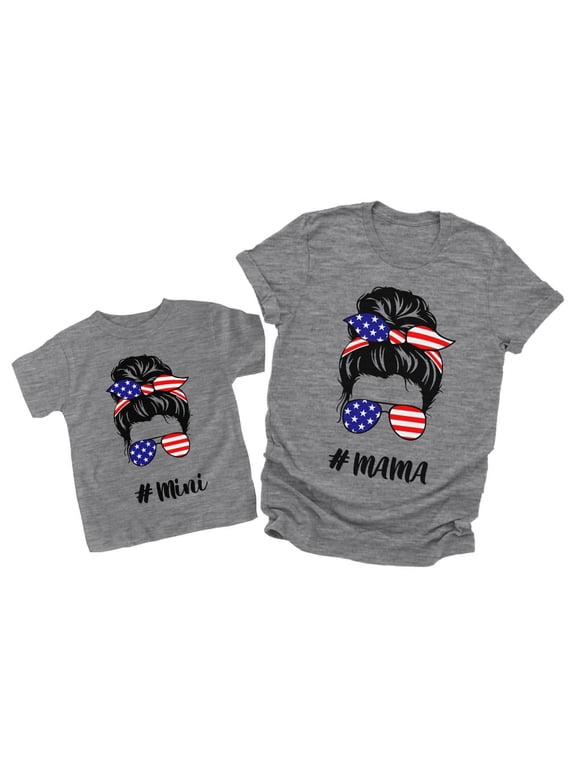 Mothers Day Gift Matching Shirts Mother and Daughter Mommy and Me T Shirts US Flag Mama Gray Medium