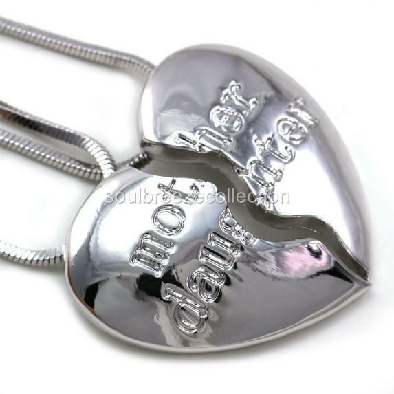 Mothers Day Gift Mom Mother & Daughter Heart Pendant Necklace Charm Silver Tone