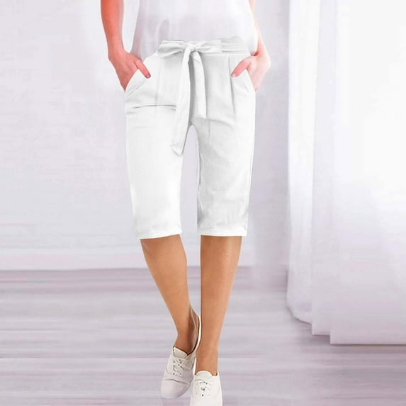 Mothers Day Gift Pants Cotton Linen Pants for Women Summer Casual Lace Up Elastic Waist Straight Leg Knee Length Five Point Pant Solid Color Work Office Cummuting Trousr with Pocket