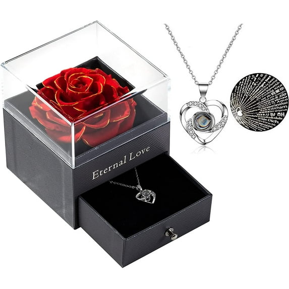 Mothers Day Gift Preserved Real Red Rose with Silver-Tone Heart Necklace I Love You Gift Set, Enchanted Real Rose Flower for Valentine's Day Anniversary Wedding Romantic Gifts for her (Red Rose)