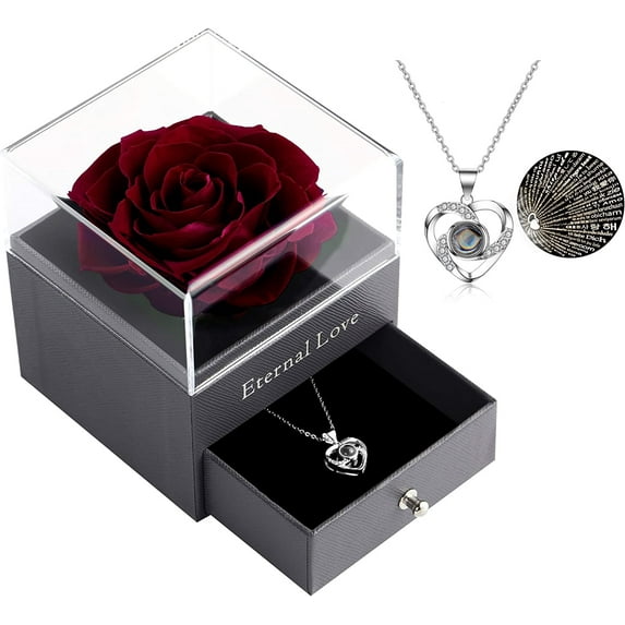 Mothers Day Gift Preserved Real Red Rose with Silver-Tone Heart Necklace I Love You Gift Set, Enchanted Real Rose Flower for Valentine's Day Anniversary Wedding Romantic Gifts for her (Red Rose)