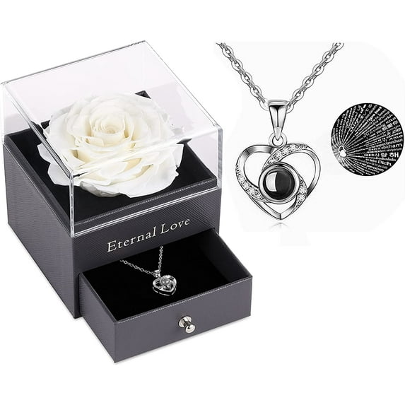 Mothers Day Gift Preserved Real Red Rose with Silver-Tone Heart Necklace I Love You Gift Set, Enchanted Real Rose Flower for Valentine's Day Anniversary Wedding Romantic Gifts for her (Red Rose)