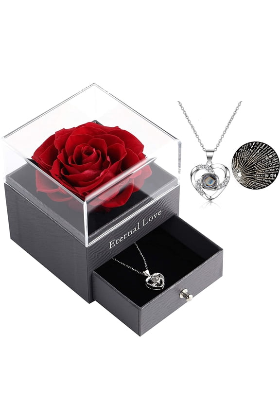Mothers Day Gift Preserved Real Red Rose with Silver-Tone Heart Necklace I Love You Gift Set, Enchanted Real Rose Flower for Valentine's Day Anniversary Wedding Romantic Gifts for her (Red Rose)