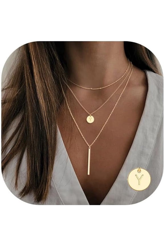 Mothers Day Gifts, Initial Layered Necklaces for Women, 14K-Gold-Plated Coin Letter Necklace Bar Stacking Layer Necklace Multi Bar Layering Y-Necklaces Jewelry for Women