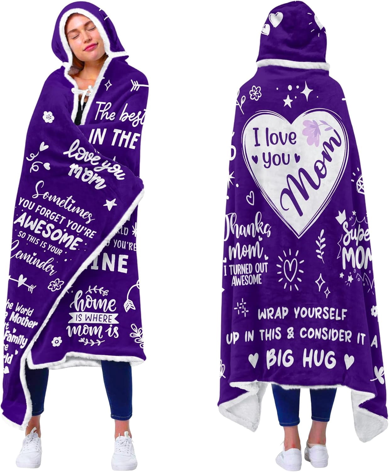 Mothers Day Gifts Love Mom Sherpa Fleece Wearable Hooded Blanket from Daughter Son, I love You Mom, Big Hug Blanket for Mom Birthday Gifts, Inspirational Gifts for Women (Purple)