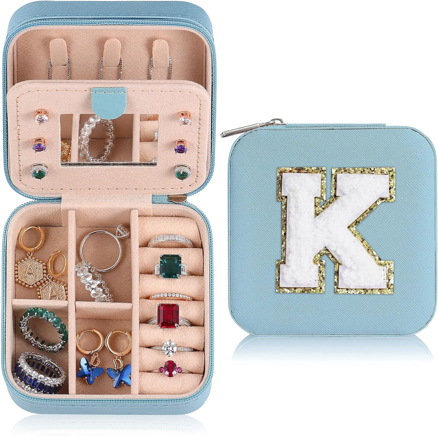 Mothers Day Gifts For Mom - Small Travel Jewelry Box, Travel Jewelry Case With Mirror For Necklace Earrings Rings Organizer | Birthday Gifts For Mom Travel Gifts For Mom - Letter K, Sky Blue[Z1]