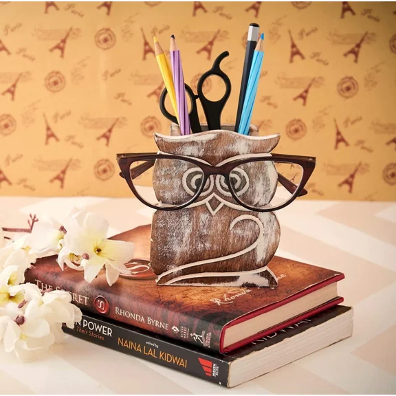 Mothers Day Gifts Owl Design Rustic Wood Pencil Holder Pen Cup Spectacle Eyeg...