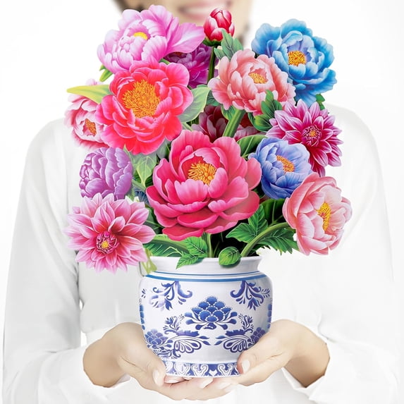 Mothers Day Gifts Pop Up Flower Card, 3D Peony Bouquet Cards for Mom Women, Birthday, Thank You, Teacher Appreciation Gifts, Floral Card with Envelope & Note
