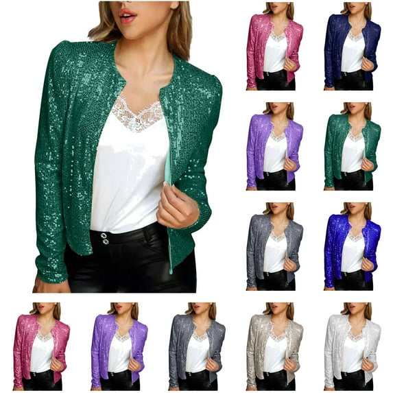QATAINLAV Fashion Sequin Jackets Women's Casual Party Elegant Sparkle Long Sleeve Coats Open Front Glitter Blazer Bomber Jacket, Green, XL