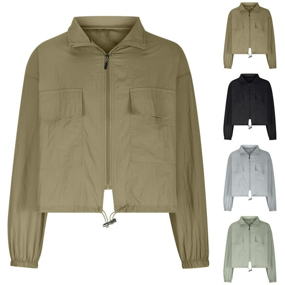 Mothers Day Gifts! QATAINLAV Women's Lightweight Cropped Jackets Long Sleeve Zip Up Cropped Cargo Windbreaker Drawstring Waistband Coat with Pockets Green XL