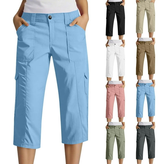 Mothers Day Gifts! QATAINLAV Womens Cargo Capris with Pockets Solid Casual Button Straight Leg Cropped Trousers Outdoor Knee Length Hiking Pants Blue L