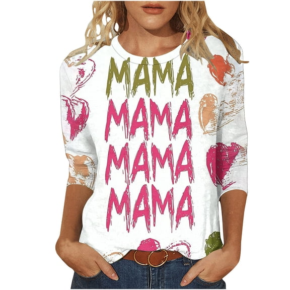 Mothers Day Gifts Womens 3/4 Length Sleeve Casual Graphic Tees Crew Neck Pullover T-Shirts Fashion Basic Shirts Pink, S