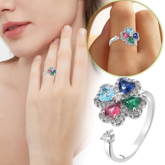 Mothers Day Gifts for Mom, Rotating Four Leaf Zircon Adjustable Open Ring Non Fading Ring Female High End Light Index Finger Ring