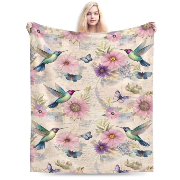 Mothers Day Hummingbird Blanket Floral Butterfly Throw Soft Flannel Fleece Cozy Vintage Garden Pattern Home Decor Gift for Women Adults 50x40