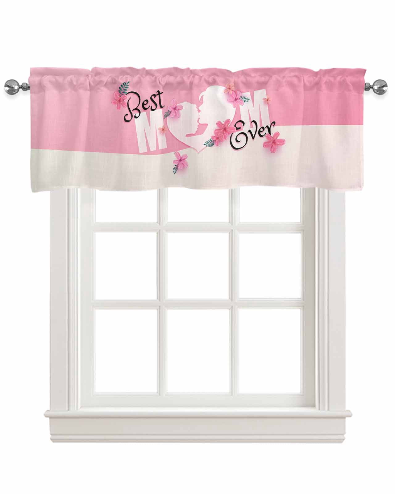Mothers Day Linen Curtain Valance for Bedroom/Bathroom/Kitchen/Office/Living/Dining Room Windows,Best Mother Mom Pink Flowers Rod Pocket Topper Drapes Decorative Cafe Drapery Panel 60x18