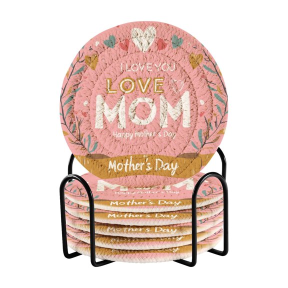 Mothers Day Logo with Love Mom Text Drinking Coasters Cup Mat with Holder for Kitchen Cafe Bar 6 Packs