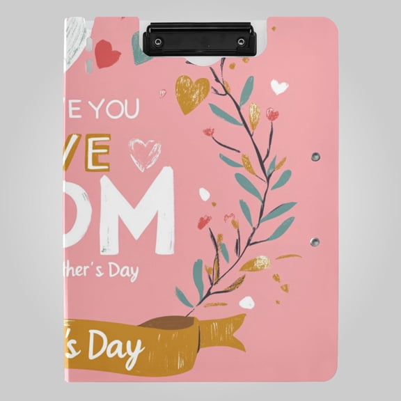 Mothers Day Logo with Love Mom Text Foldable Binder Folder Clipboard with Pen Slot Double Clips A4 Size File Storage