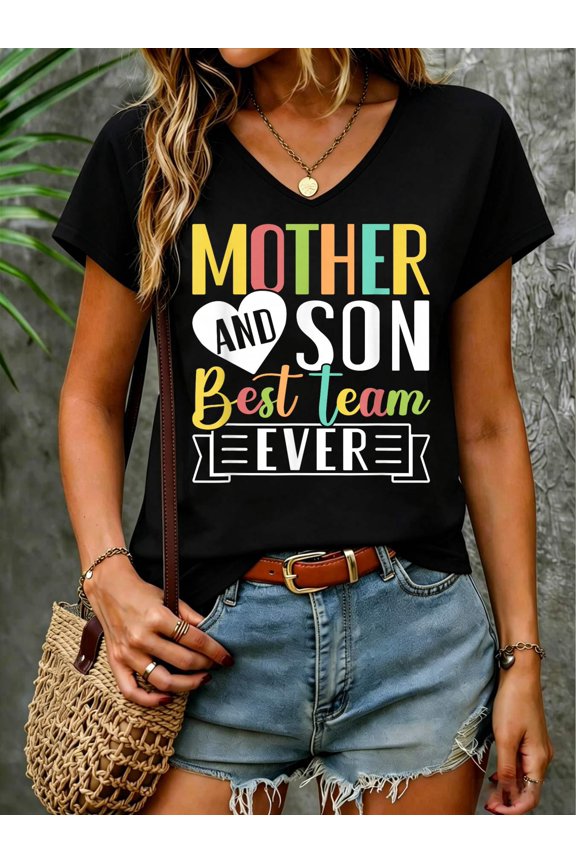 Mothers Day Mama Mom Son Love Mommy Mama Mother's Black Unisex Classic Fit Crew Neck Short Sleeve V Neck T-Shirt Cotton Women's V Neck Graphic Tee, Casual Short Sleeve Shirt,Vacation Outfit