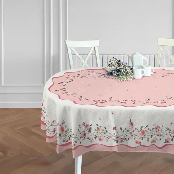 Mothers Day Oval Tablecloth, Rosette Butterfly Tablecloth, Pink Roses Table Cloth,Wrinkle Resistant and Washable Rose Tablecloth,Perfect for Kitchen,Dining,Outdoor,Patio,Party, Oval 54X72 inch