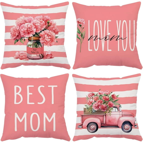 Mothers Day Pillow Covers 20x20 Set of 4 Velvet Mom Throw Pillow Covers Pink Carnation Floral Pillow Cases Cushion Covers Outdoor Sofa Couch Home Decorations Gift for Mother Mom Birthday (20)