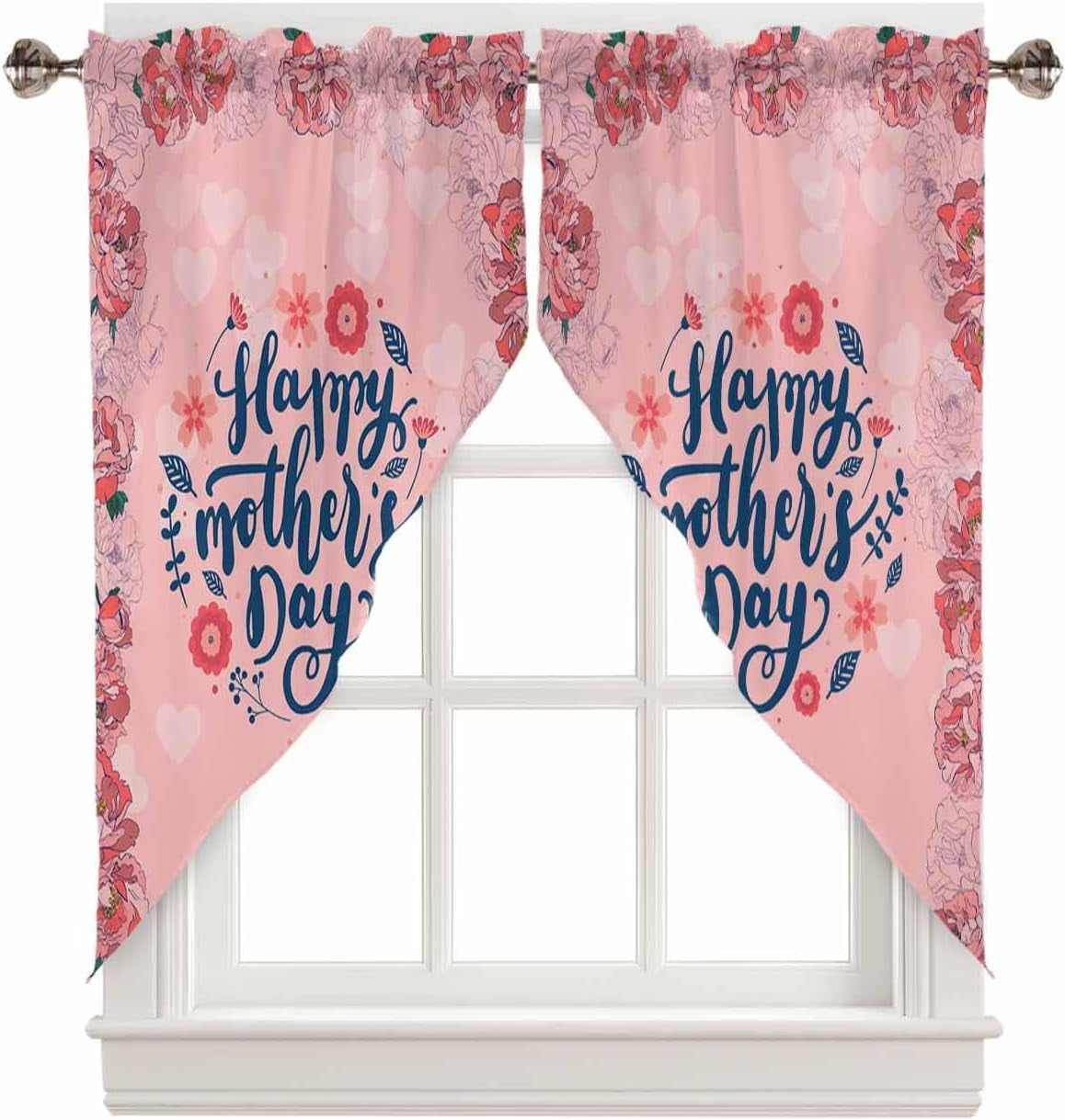 Mothers Day Pink Flower Swag Valances For Windows Rod Pocket Kitchen