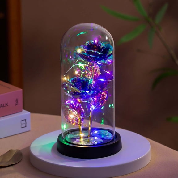Mothers Day Rose Gifts,Galaxy Golden Purple Rose in Glass Dome,Light Up Forever Roses Birthday Gifts for Women Mom Grandma,Eternal Rose Gift for Her Valentine Mothers Anniversary(Plastic Cover,8.5")