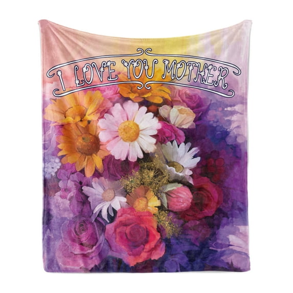 Mothers Day Soft Flannel Fleece Throw Blanket, Watercolor Drawing with Blossoming Roses Daisies and I Love You Mother Words, Cozy Plush for Indoor and Outdoor Use, 50" x 60", Multicolor, by Ambesonne