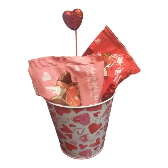 Mothers Day Strawberry Kiss bundle 1 8.8 oz pack of strawberry creme Hershey's hearts, 1 9 oz chocolate dipped strawberry Hershey Kisses with Heart print TIn bucket