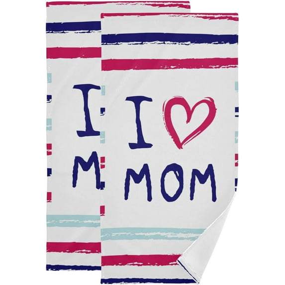 Mothers Day Strip Heart Hand Towels 2 PCS, I Love You Mom Multicolored Kitchen Towel Ultra Soft and Highly Absorbent,Decorative Fingertip Face Towel for Bathroom Hotel, 28.3"x14.4"