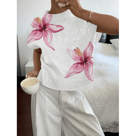 Mothers Day T-shirts Flower Womens Crew Neck Clothes for Mom and Wife White M