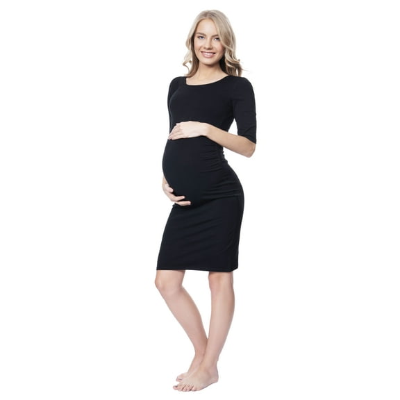 Mothers Essentials Cotton Bodycon Rushed Side Maternity Dress, Round Neck (M)