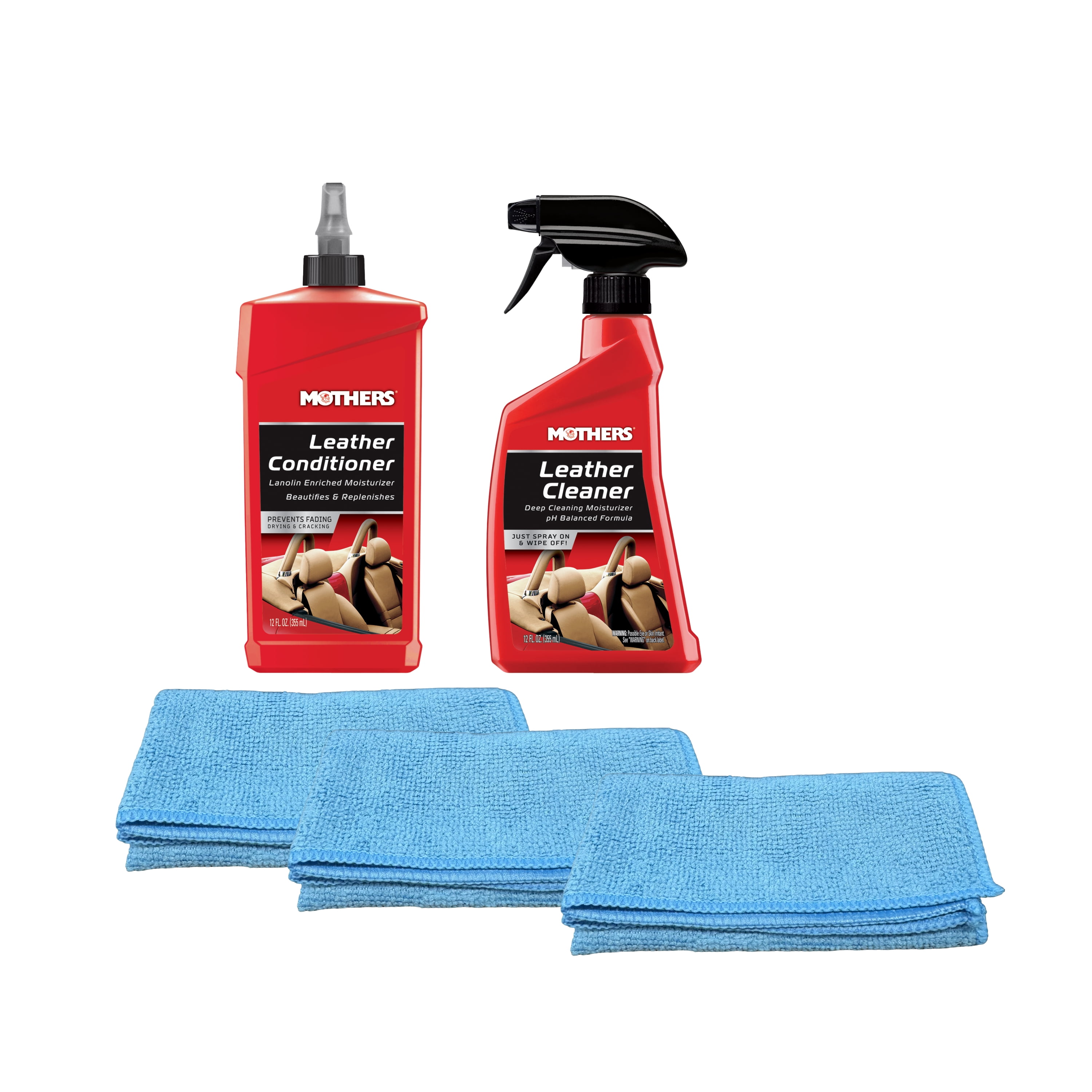 Mothers Leather Cleaner + Leather Conditioner Leather Care Cleaning Kit with Detailer's Choice Microfiber