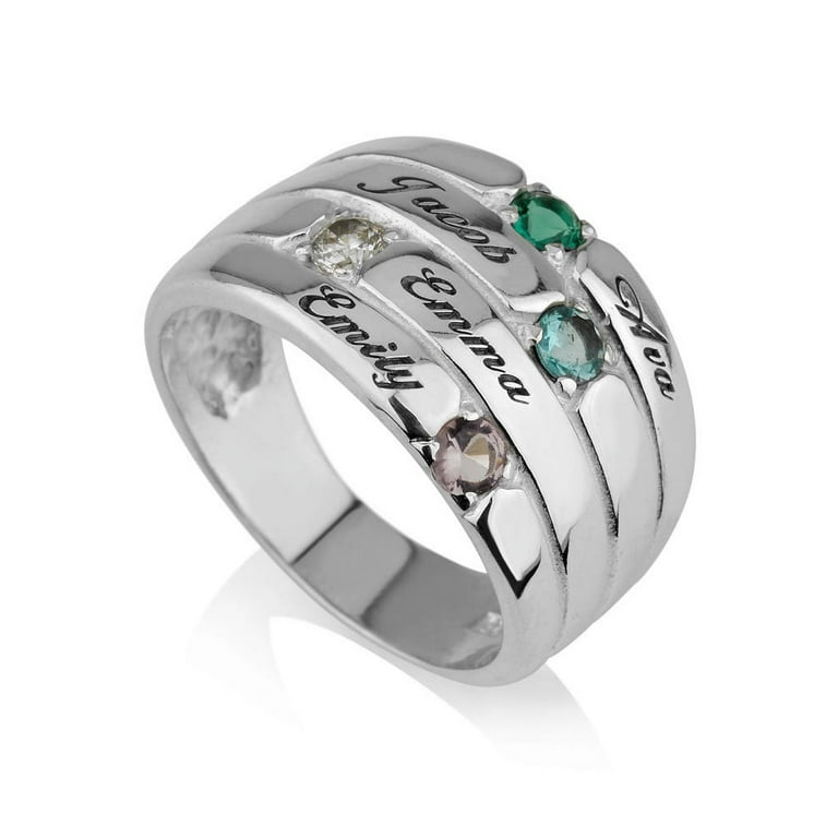 Mothers Ring Engraved simulated Birthstone Ring 4 Stone Ring 925 Sterling Silver Personalized Custom Made