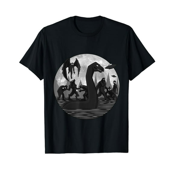 Mothman Bigfoot Loch Ness Monster Aliens UFO Funny Cryptid Black T-Shirt