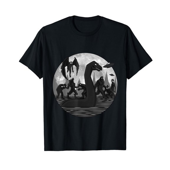 Mothman Bigfoot Loch Ness Monster Aliens UFO Funny Cryptid Black T-Shirt