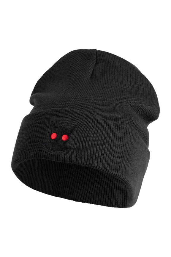 Mothman Head Embroidered 12" Acrylic Cuff Long Beanie - Black OSFM