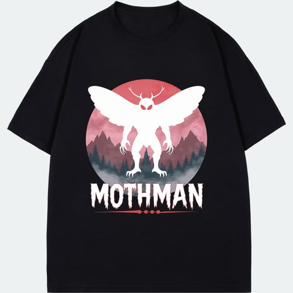 Mothman T Shirt Black Mothman Silhouette With Mountain And Sunset Design For Casual Wear And Pop Culture Fans