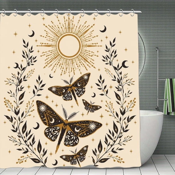 Moths Dancing Around Radiant Sun Print Shower Curtain,Cloth Fabric Waterproof Polyester Bathroom Home Decor Set with Hooks 70.8×70.8Inch
