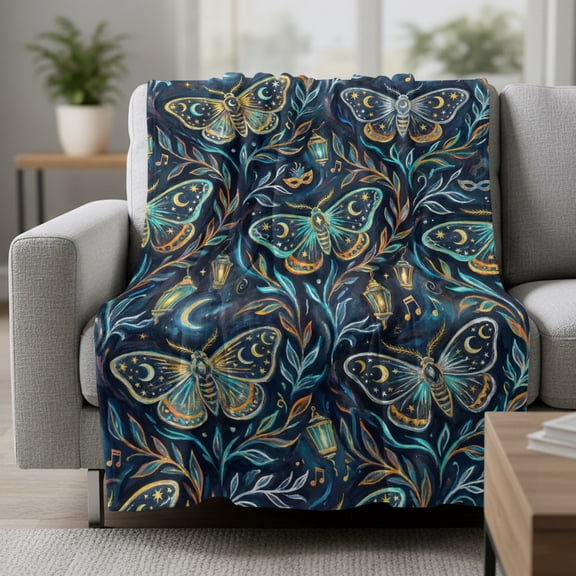 Moths Fleece Throw Blanket Abstract Retro Blue Green Moon Moth Stars Light Leaf Blue Ultra Soft Fuzzy Cozy Flannel Throw Blanket for Couch Sofa Bed Car Travel, Ideal Gifts 30x40 Inches