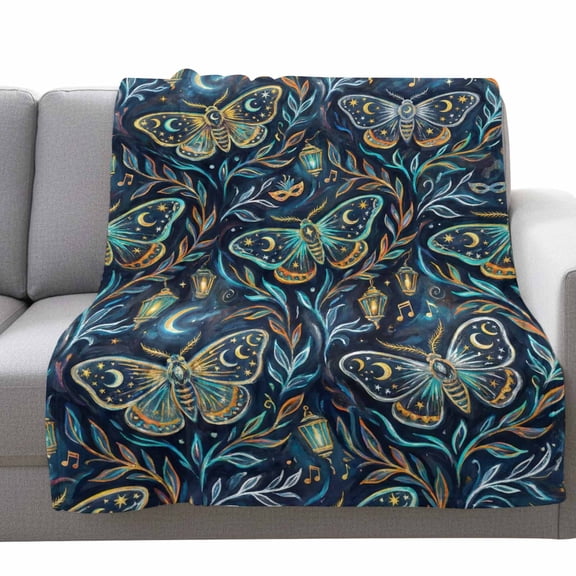 Moths Fleece Throw Blanket Lightweight Abstract Retro Blue Green Moon Moth Stars Light Leaf Blue Fuzzy Flannel Throws Super Soft Cozy Flannel Blanket for Couch, Sofa, Bed, Travel 40"x50"