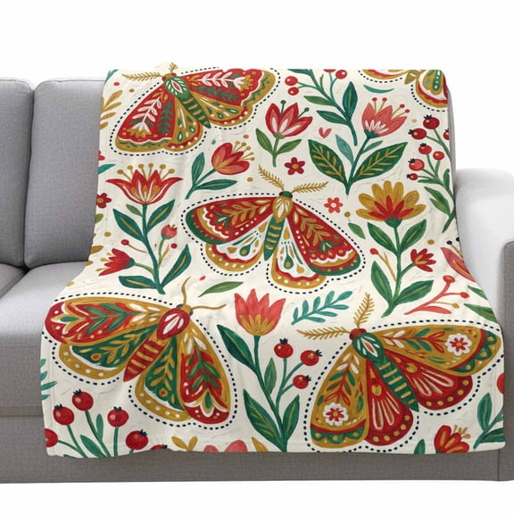 Moths Fleece Throw Blanket Lightweight Abstract Retro Red Green Flowers Moth Berry Leaf Beige Fuzzy Flannel Throws Super Soft Cozy Flannel Blanket for Couch, Sofa, Bed, Travel 40"x50"