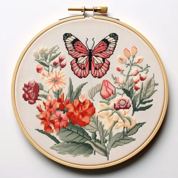 Moths and Flowers Stamped Cross Stitch Kits for Beginners Easy with Hoop 11CT Needlepoint Embroidery DIY Counted Cross Stitch Kits Art Craft Wall Decoration 35x35cm(2)