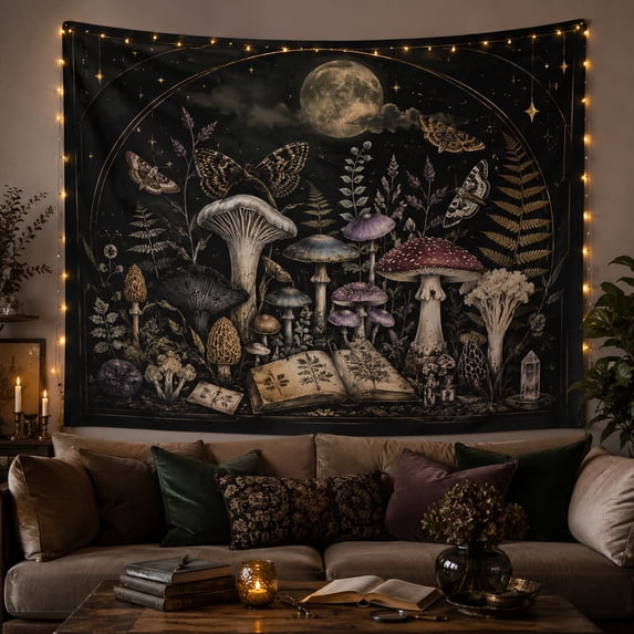 Moths Above a Moonlit Mushroom Study, Moody Vintage for Readers, Botanical Forest Decor, Graduation Gift, Tapestry Wall Hanging for Home Library and Reading Nook